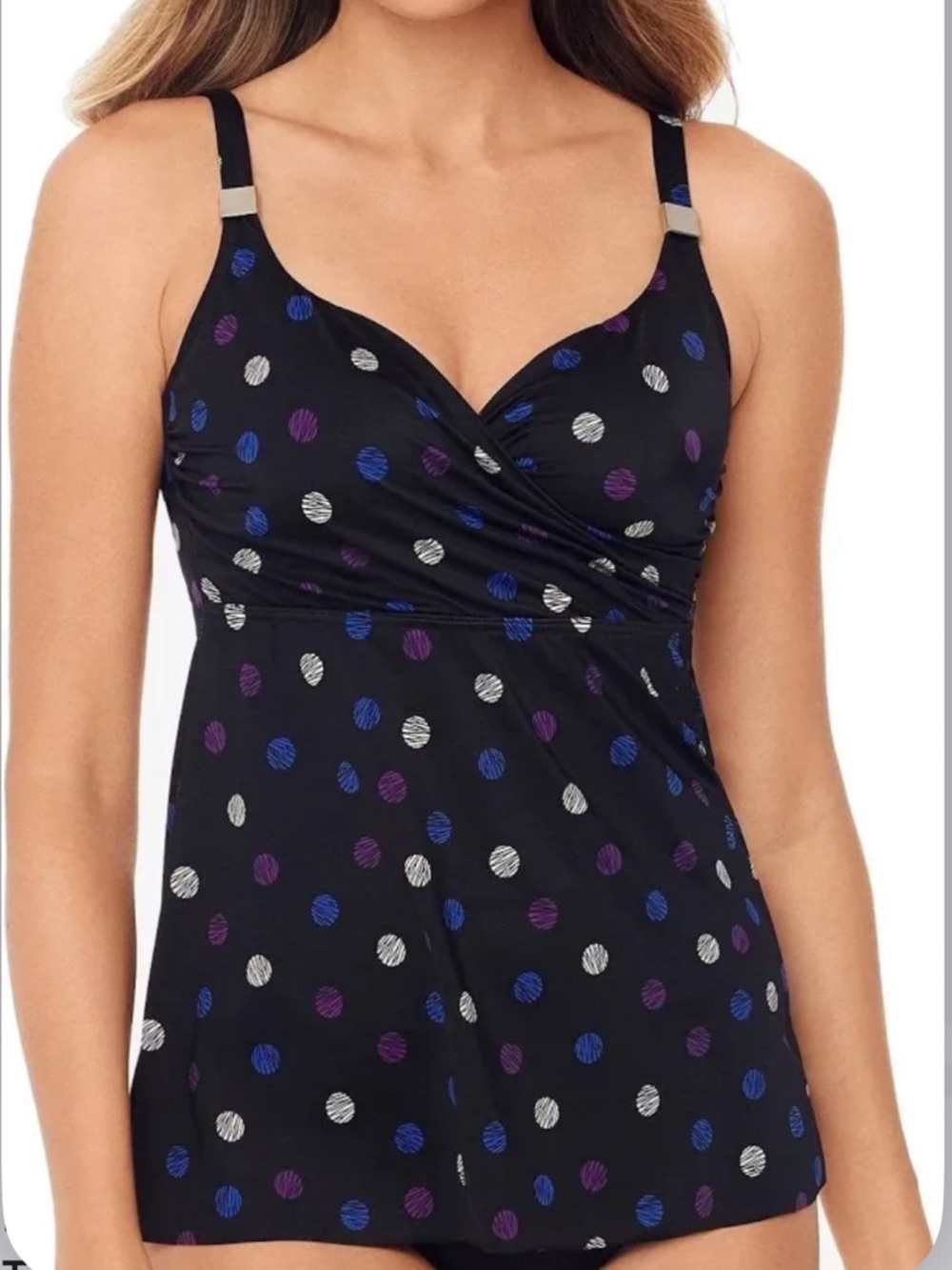 Miraclesuit Surplice Tankini Top in Spotted multicolor underwire bra 38DD